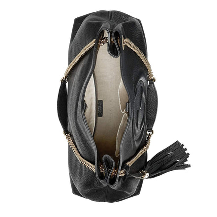 Gucci GG Pebbled Calfskin Medium Soho Gold Chain Shoulder Bag Black available at Queen Bee of Beverly Hills