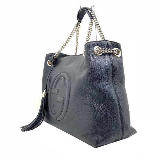 Gucci GG Pebbled Calfskin Medium Soho Gold Chain Shoulder Bag Black available at Queen Bee of Beverly Hills