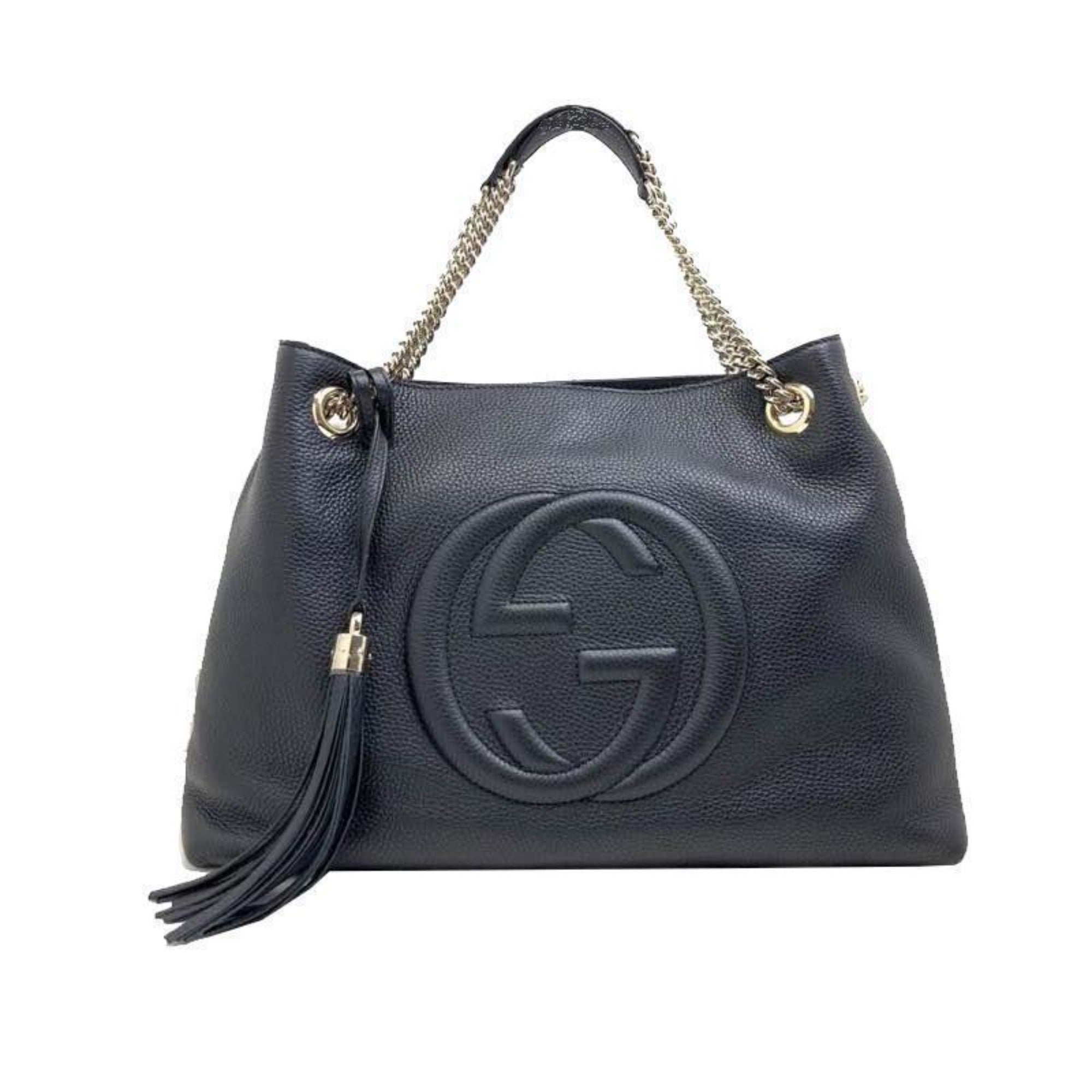 Gucci GG Pebbled Calfskin Medium Soho Gold Chain Shoulder Bag Black available at Queen Bee of Beverly Hills