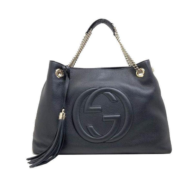 Gucci GG Pebbled Calfskin Medium Soho Gold Chain Shoulder Bag Black available at Queen Bee of Beverly Hills