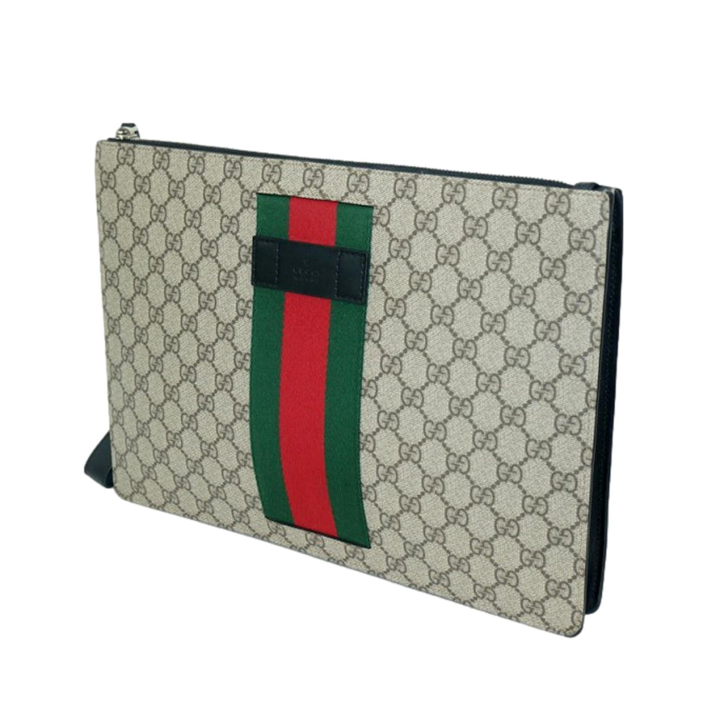 Gucci GG Supreme Beige Canvas Web Stripe Large Clutch 433655 at_Queen_Bee_of_Beverly_Hills