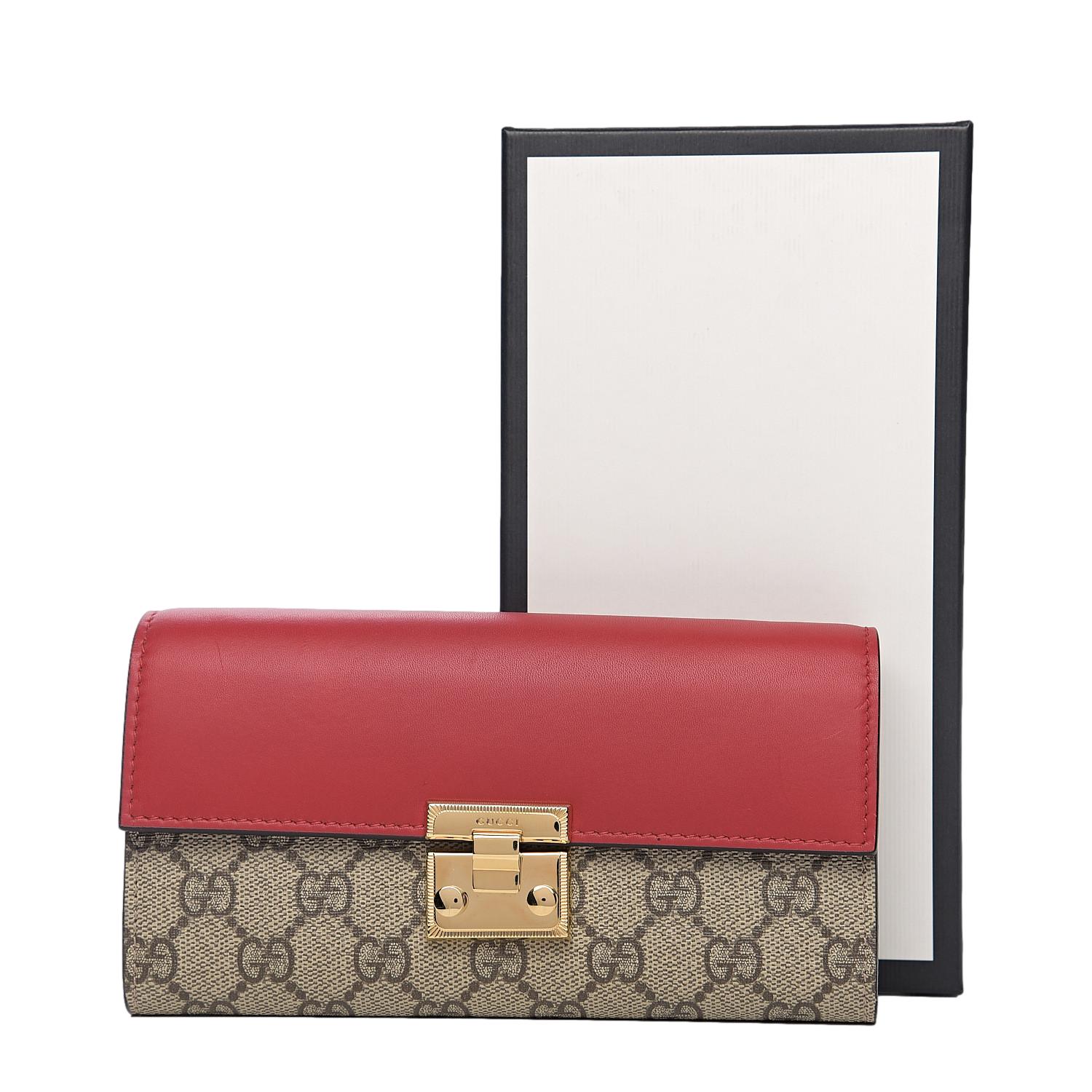 Gucci GG Supreme Monogram Red Padlock Continental Chain Wallet 453506 at_Queen_Bee_of_Beverly_Hills