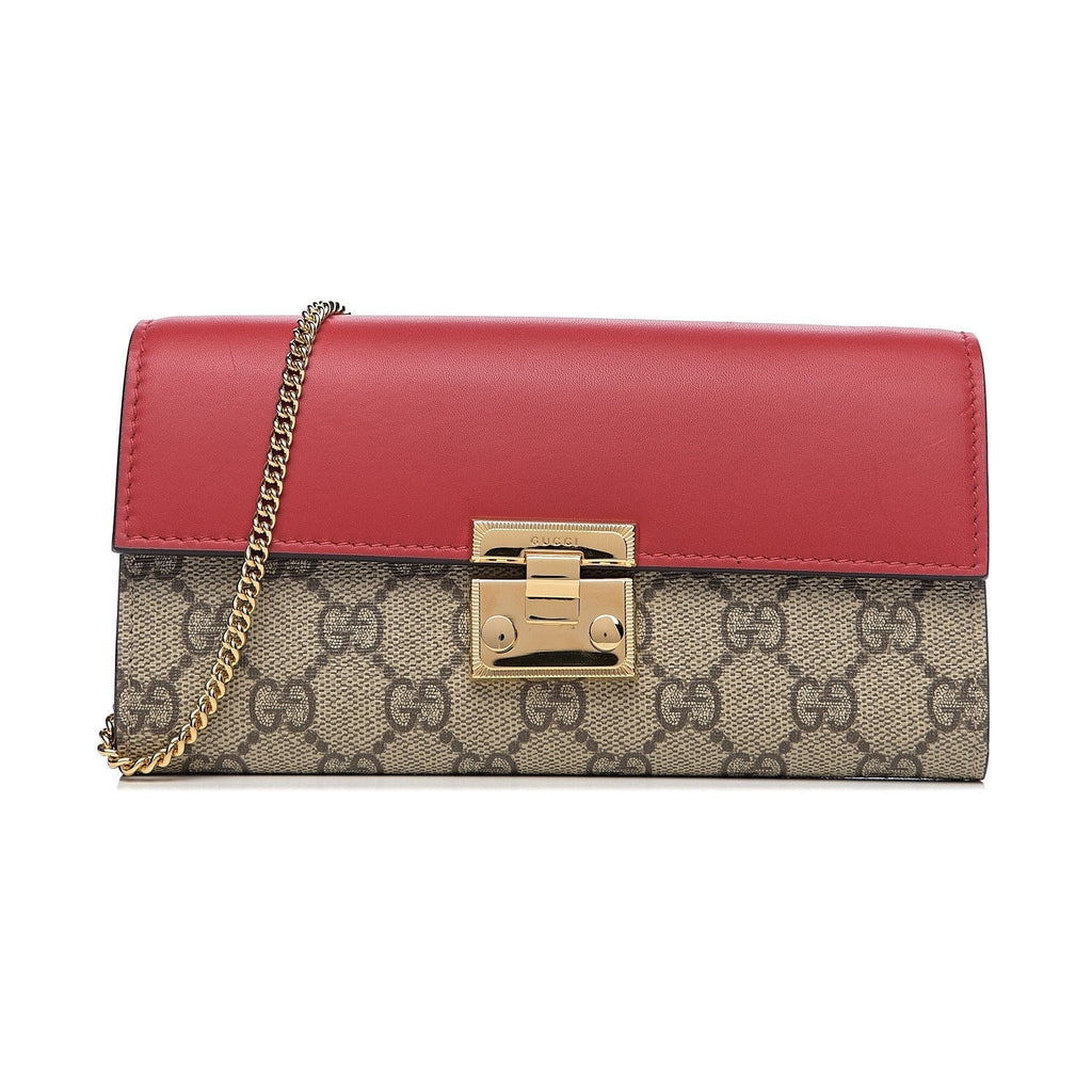 Gucci GG Supreme Monogram Red Padlock Continental Chain Wallet 453506 at_Queen_Bee_of_Beverly_Hills