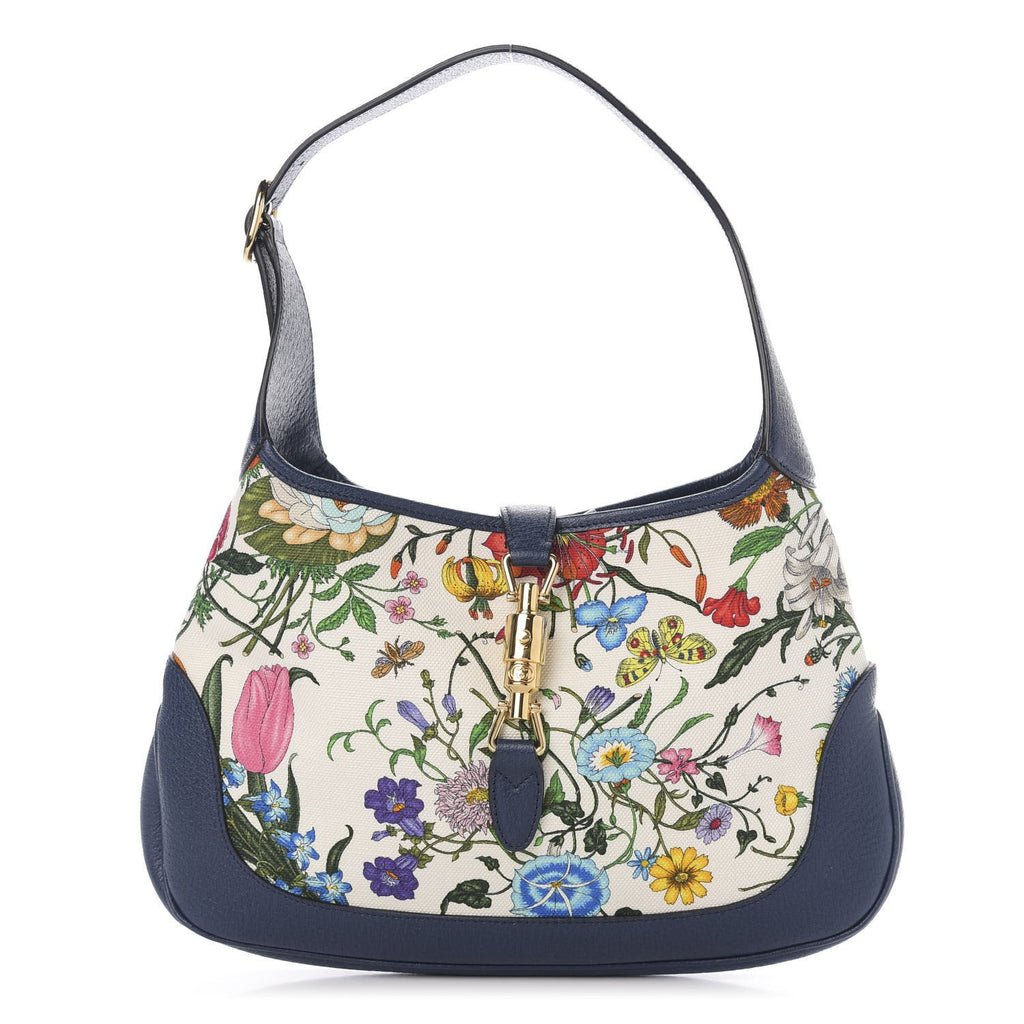 Gucci Jackie Flora Canvas White Blue Agata Hobo Bag 550152