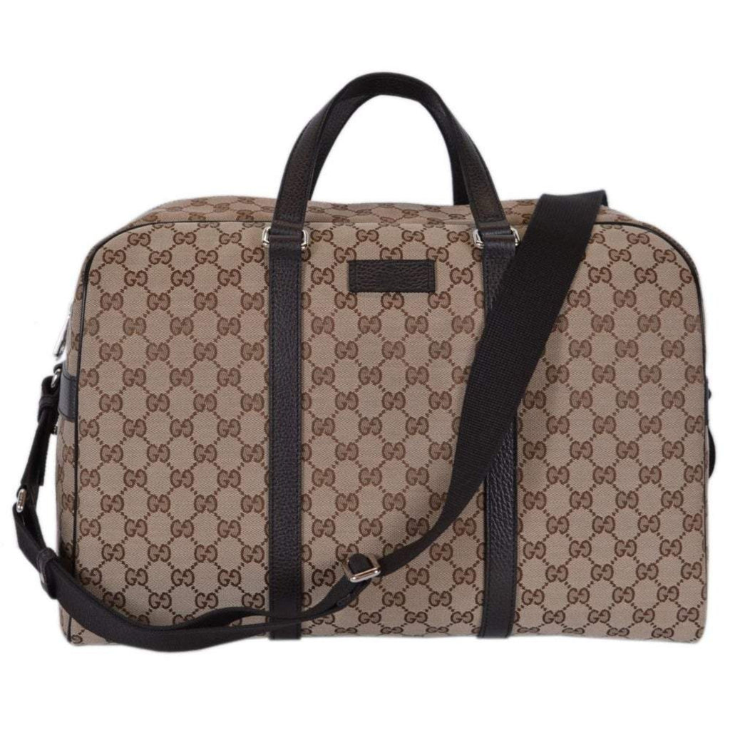 Gucci Large GG Logo Beige Canvas Brown Leather Strap Duffle Bag 610105 –  Queen Bee of Beverly Hills