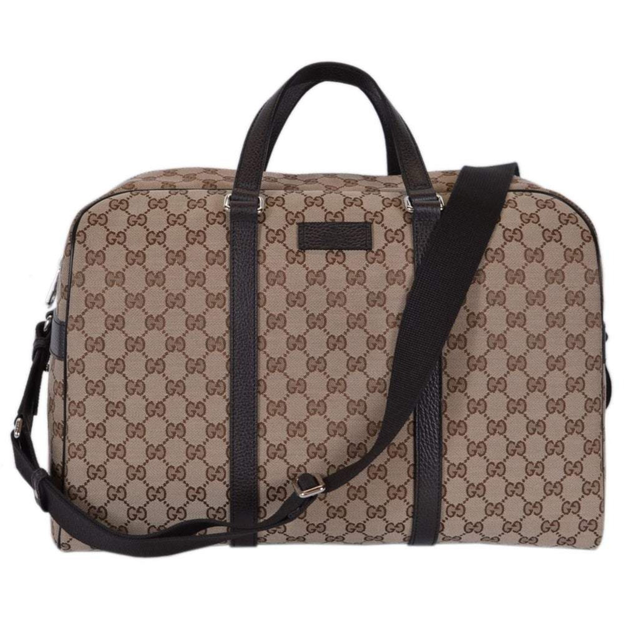 Gucci Large GG Logo Beige Canvas Brown Leather Strap Duffle Bag available at Queen Bee of Beverly Hills