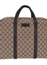 Gucci Large GG Logo Beige Canvas Brown Leather Strap Duffle Bag available at Queen Bee of Beverly Hills