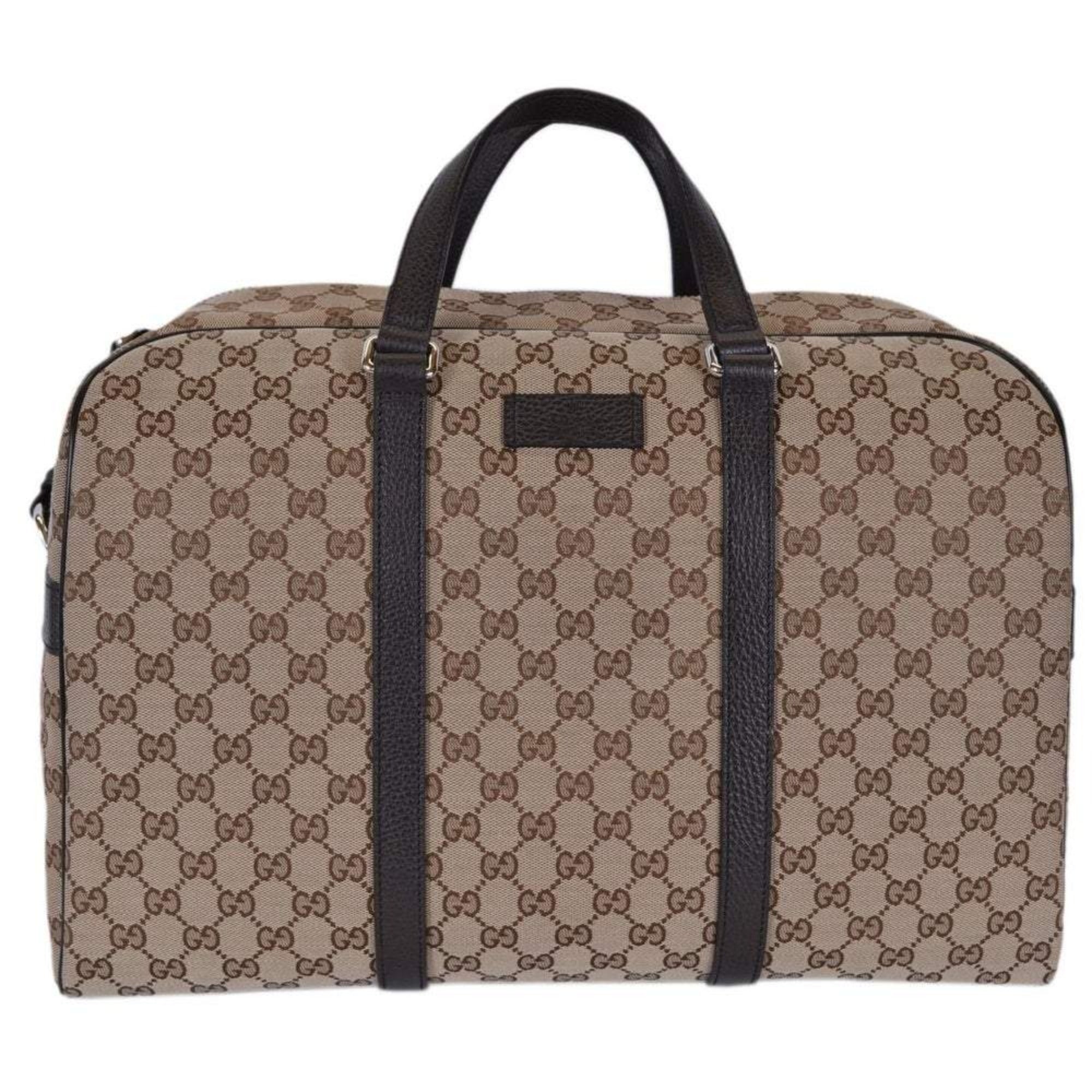 Gucci Large GG Logo Beige Canvas Brown Leather Strap Duffle Bag available at Queen Bee of Beverly Hills