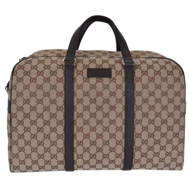 Gucci Large GG Logo Beige Canvas Brown Leather Strap Duffle Bag available at Queen Bee of Beverly Hills