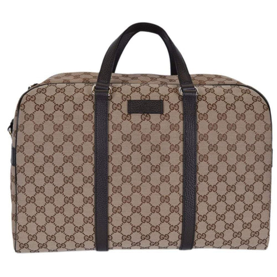 Gucci Large GG Logo Beige Canvas Brown Leather Strap Duffle Bag available at Queen Bee of Beverly Hills