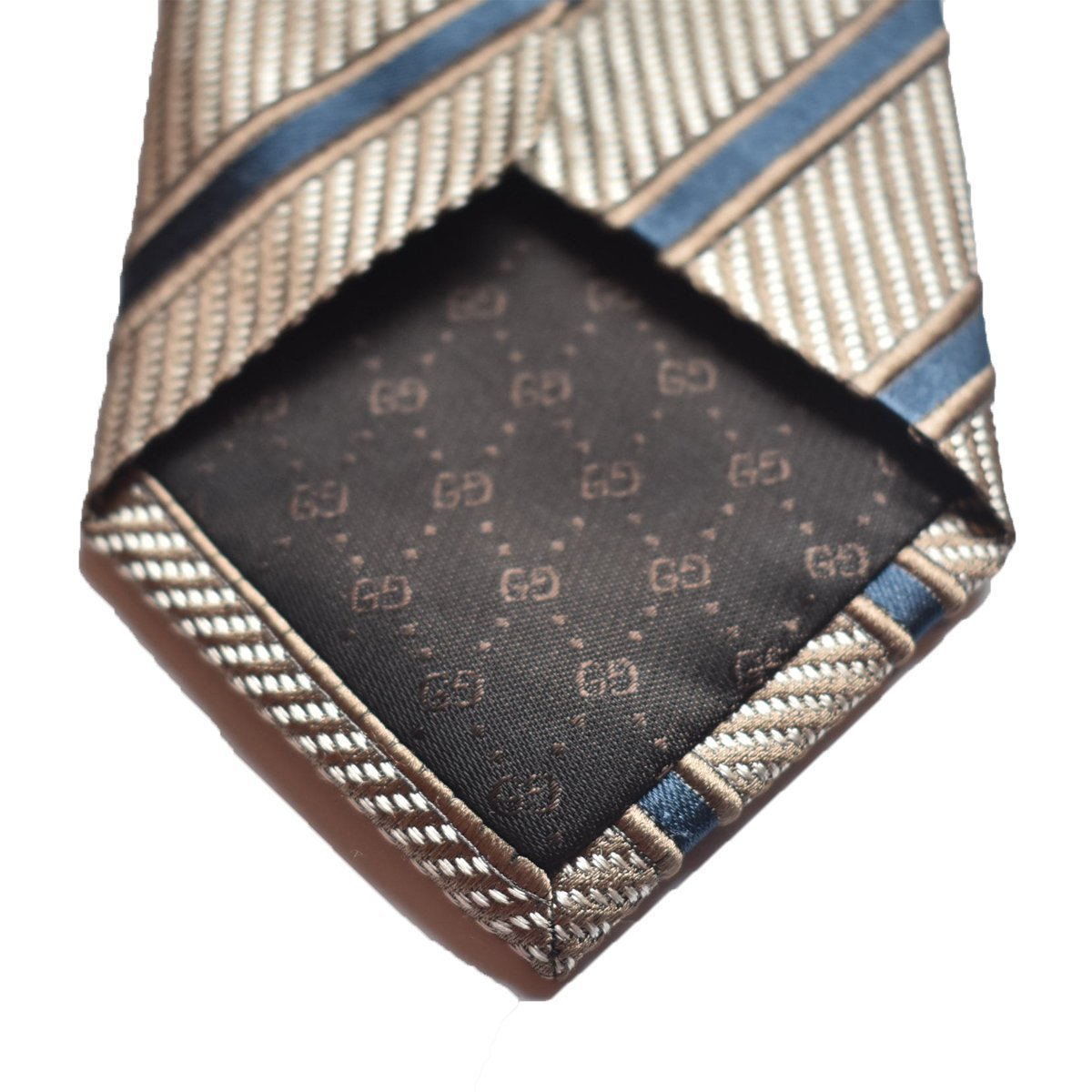 Gucci Men's Classic Tie White Camel Blue Striped 408862 at_Queen_Bee_of_Beverly_Hills