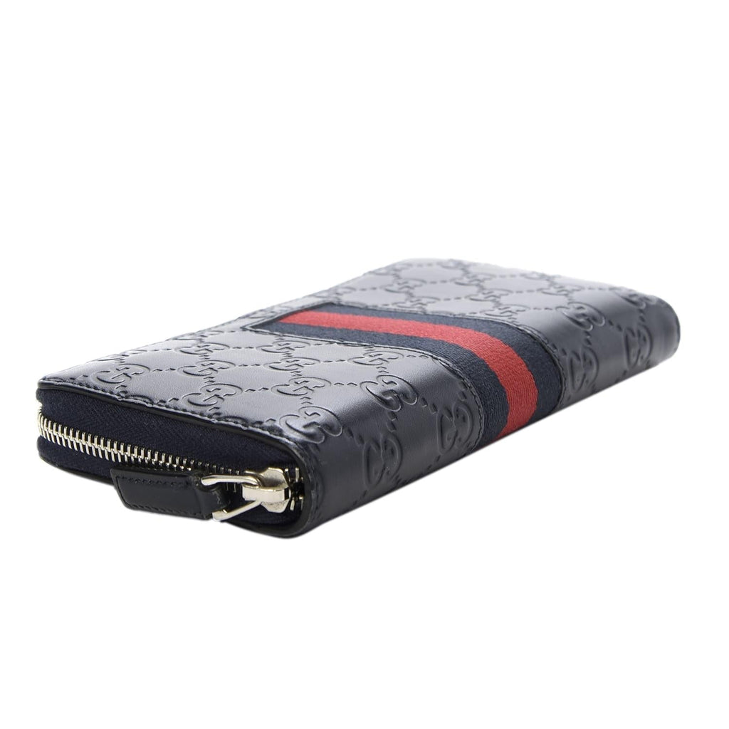 Gucci Navy Blue Leather Guccissima Web Stripe Long Zip Wallet 408831 at_Queen_Bee_of_Beverly_Hills