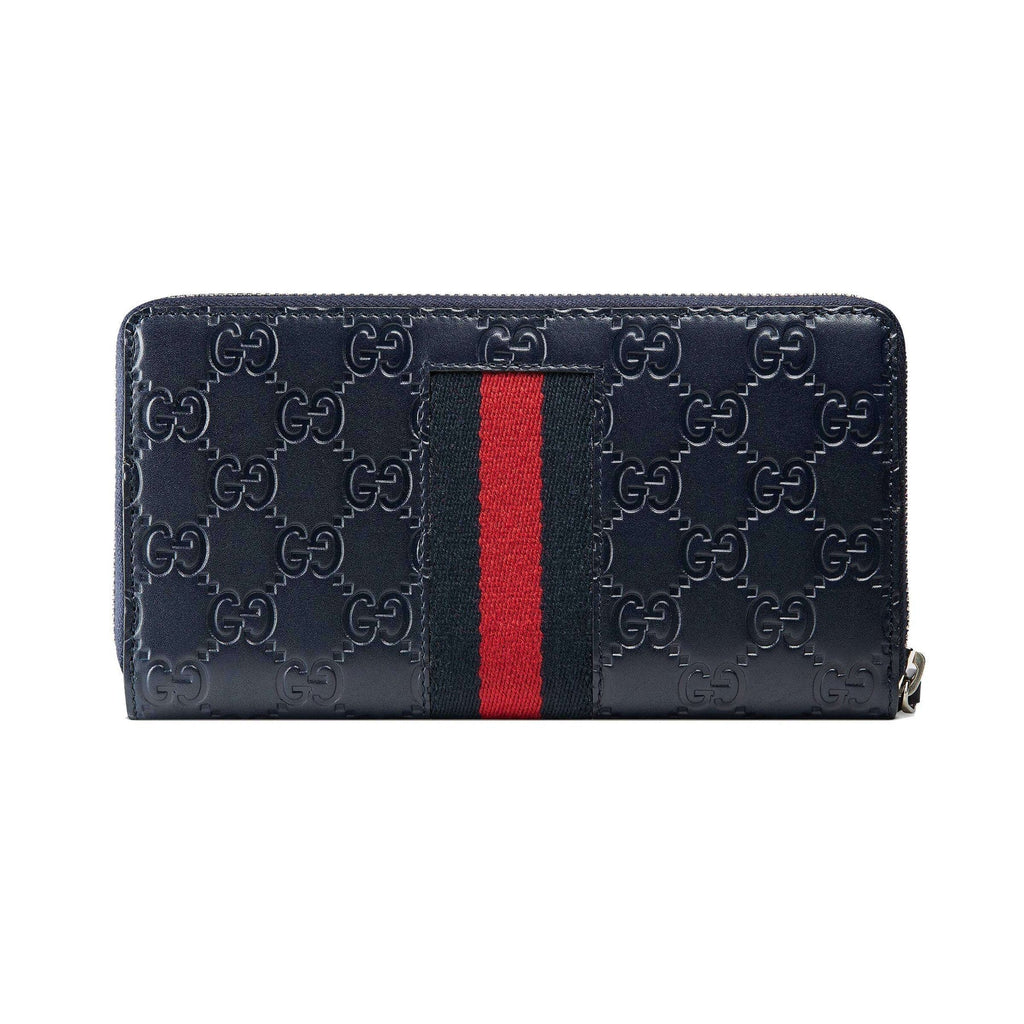 Gucci Navy Blue Leather Guccissima Web Stripe Long Zip Wallet 408831 at_Queen_Bee_of_Beverly_Hills