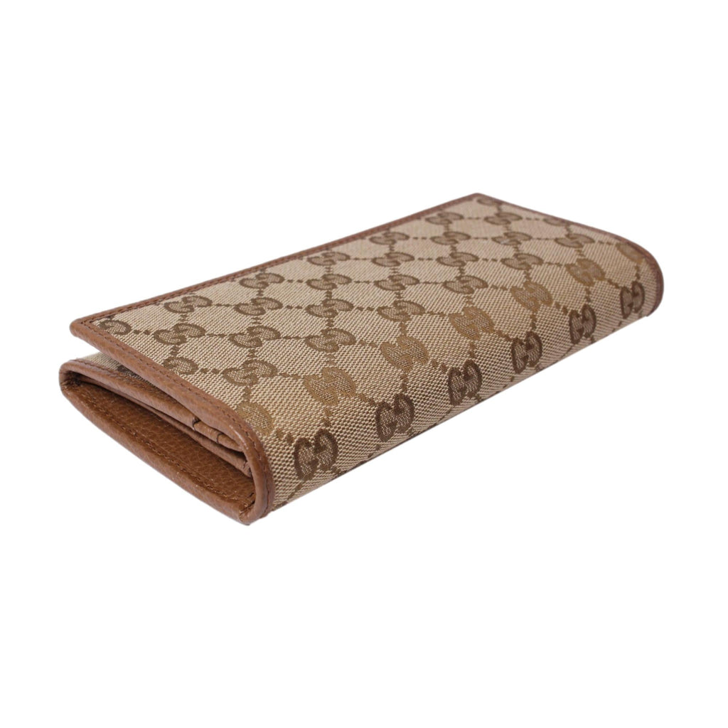 Gucci Original Beige GG Canvas Brown Leather Trim Continental Wallet 346058 at_Queen_Bee_of_Beverly_Hills