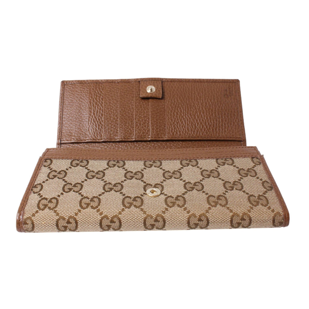 Gucci Original Beige GG Canvas Brown Leather Trim Continental Wallet 346058 at_Queen_Bee_of_Beverly_Hills