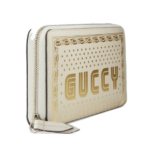 Gucci Sega Guccy Stars White Moon Gold Zipper Leather Wallet available at Queen Bee of Beverly Hills