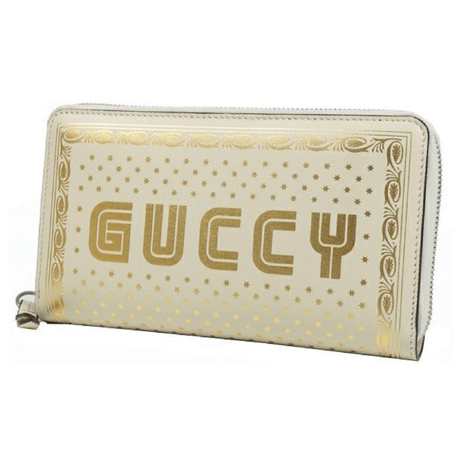 Gucci Sega Guccy Stars White Moon Gold Zipper Leather Wallet available at Queen Bee of Beverly Hills