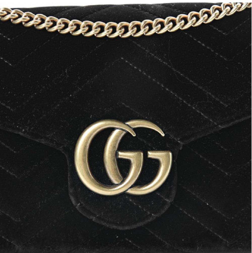 Gucci Small Black Velvet Matelasse GG Marmont Chain Wallet Crossbody 474575 at_Queen_Bee_of_Beverly_Hills