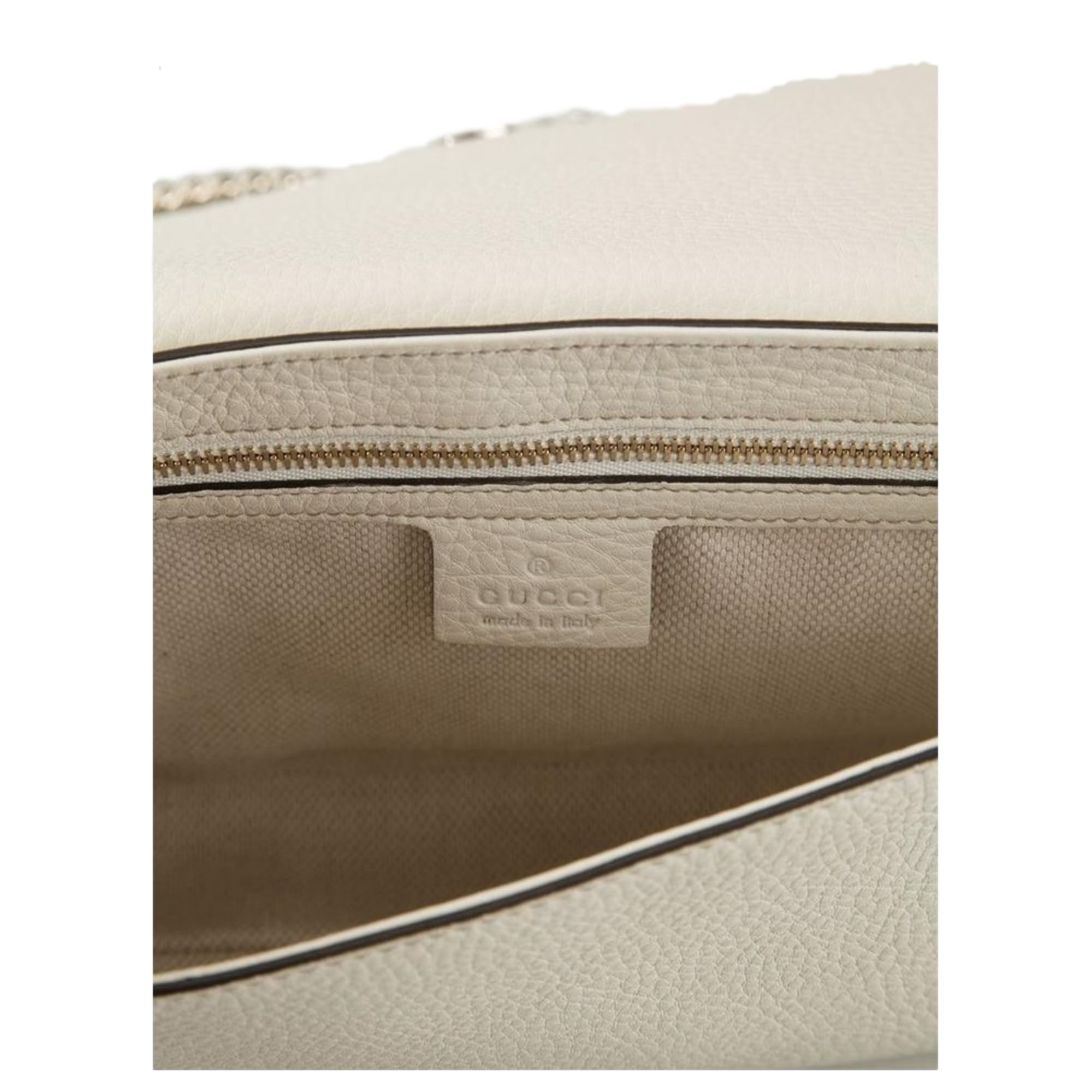 Gucci Soho Disco Crossbody Flap Ivory Signature Collection Gold Chain available at Queen Bee of Beverly Hills