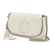Gucci Soho Disco Crossbody Flap Ivory Signature Collection Gold Chain available at Queen Bee of Beverly Hills