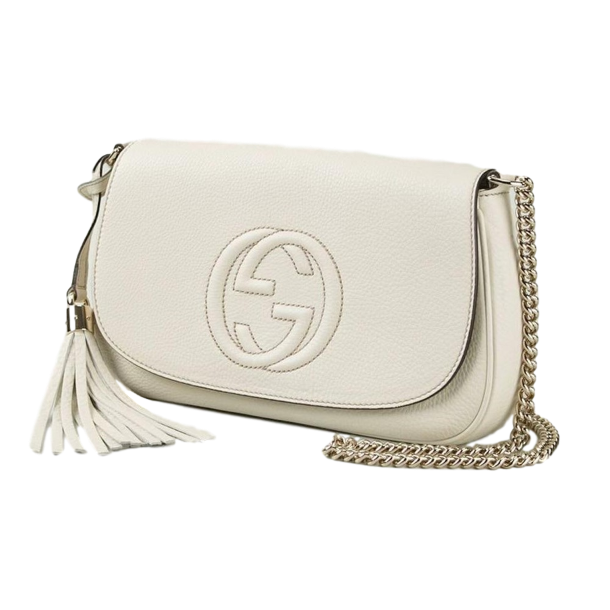 Gucci Soho Disco Crossbody Flap Ivory Signature Collection Gold Chain available at Queen Bee of Beverly Hills