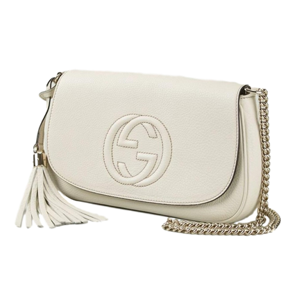 Gucci Soho Disco Crossbody Flap Ivory Signature Collection Gold Chain available at Queen Bee of Beverly Hills