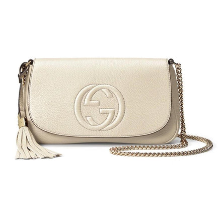 Gucci Soho Disco Crossbody Flap Ivory Signature Collection Gold Chain available at Queen Bee of Beverly Hills