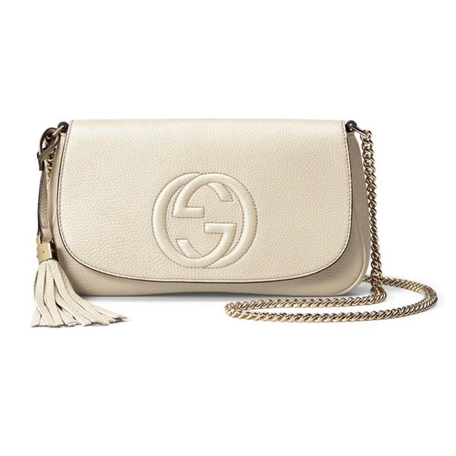 Gucci Soho Disco Crossbody Flap Ivory Signature Collection Gold Chain available at Queen Bee of Beverly Hills