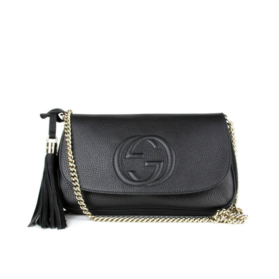 Gucci Soho Disco GG Black Calf Leather Tassel Chain Crossbody Bag available at Queen Bee of Beverly Hills