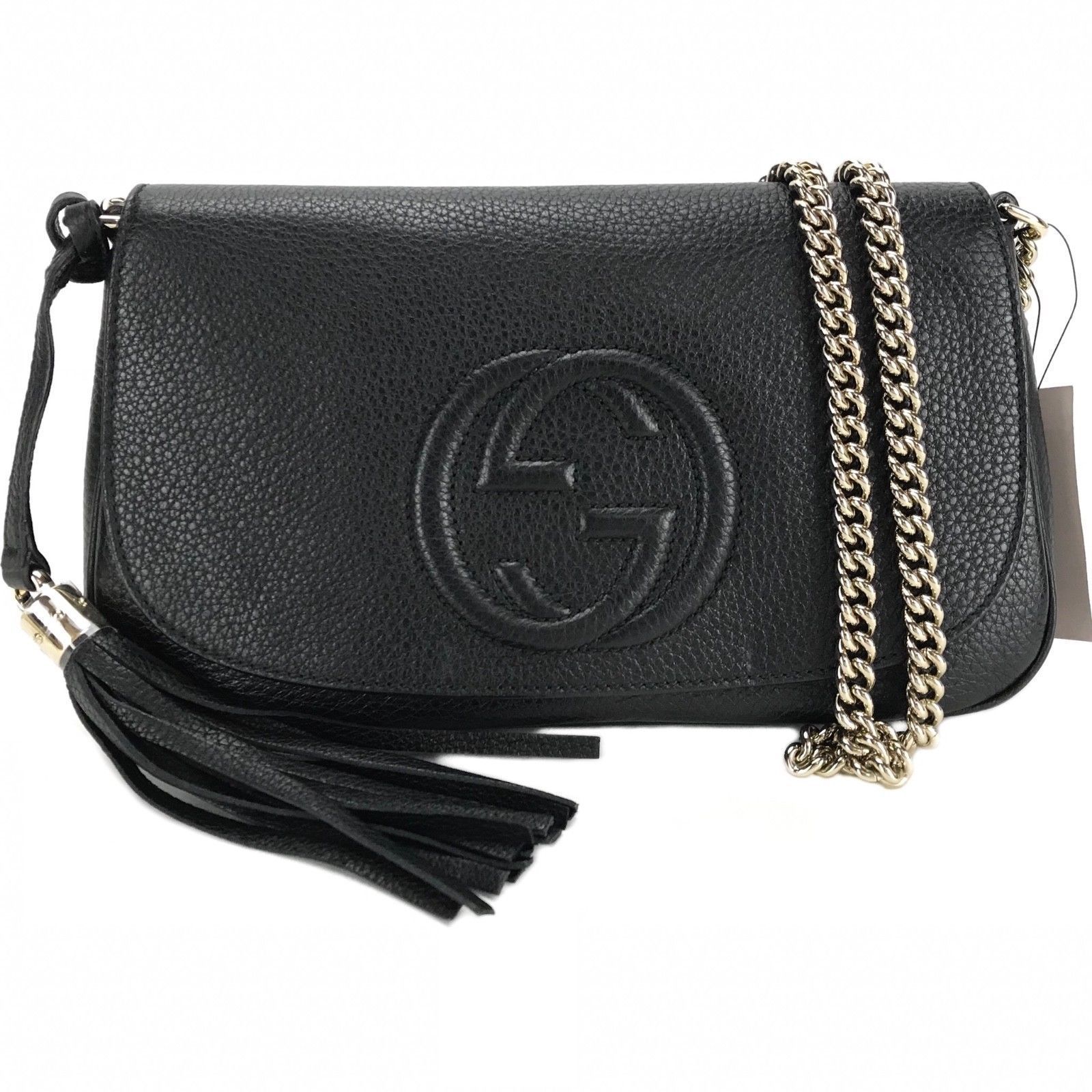 Gucci Soho Disco GG Black Calf Leather Tassel Chain Crossbody Bag available at Queen Bee of Beverly Hills