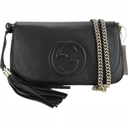 Gucci Soho Disco GG Black Calf Leather Tassel Chain Crossbody Bag available at Queen Bee of Beverly Hills