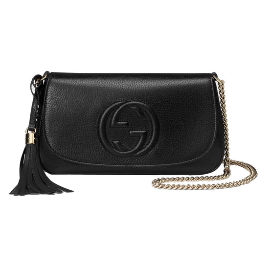 Gucci Soho Disco GG Black Calf Leather Tassel Chain Crossbody Bag available at Queen Bee of Beverly Hills