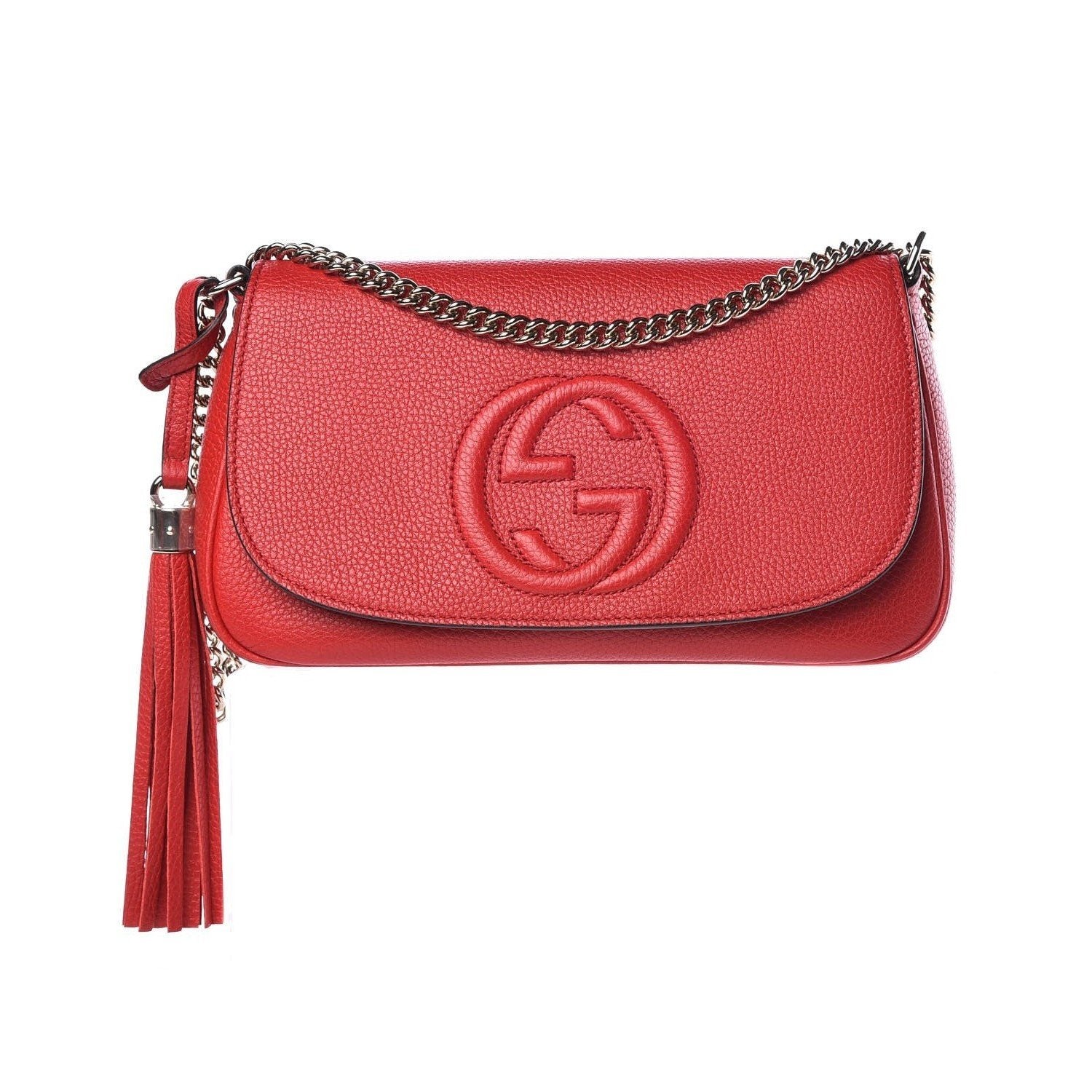 Gucci Soho Disco GG Tassel Chain Crossbody Flap Leather Bag Red available at Queen Bee of Beverly Hills