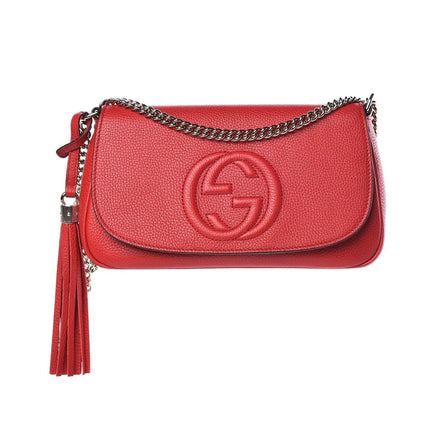 Gucci Soho Disco GG Tassel Chain Crossbody Flap Leather Bag Red available at Queen Bee of Beverly Hills