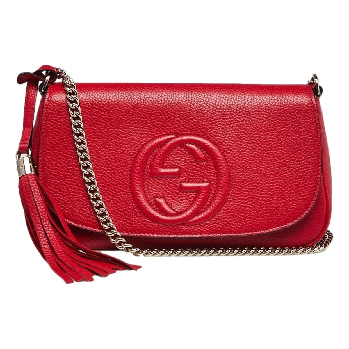 Gucci Soho Disco GG Tassel Chain Crossbody Flap Leather Bag Red available at Queen Bee of Beverly Hills