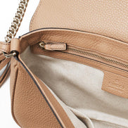 Gucci Soho Disco GG Tassel Gold Chain Crossbody Flap Bag Camelia Beige available at Queen Bee of Beverly Hills