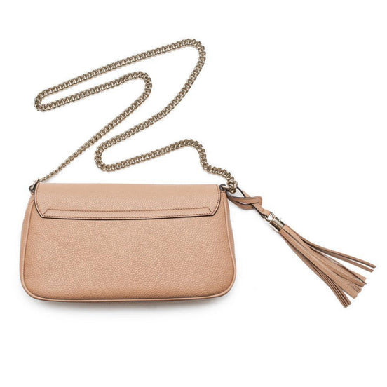 Gucci Soho Disco GG Tassel Gold Chain Crossbody Flap Bag Camelia Beige available at Queen Bee of Beverly Hills