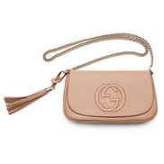 Gucci Soho Disco GG Tassel Gold Chain Crossbody Flap Bag Camelia Beige available at Queen Bee of Beverly Hills