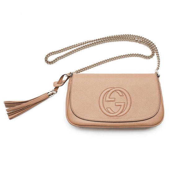 Gucci Soho Disco GG Tassel Gold Chain Crossbody Flap Bag Camelia Beige available at Queen Bee of Beverly Hills