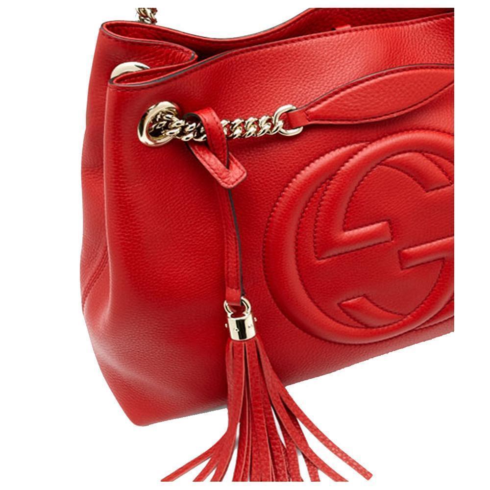 Gucci Soho Red Cellarius GG Logo Leather Chain Tote Bag available at Queen Bee of Beverly Hills