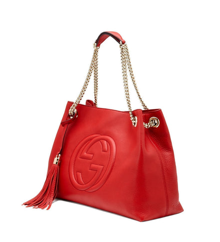 Gucci Soho Red Cellarius GG Logo Leather Chain Tote Bag available at Queen Bee of Beverly Hills