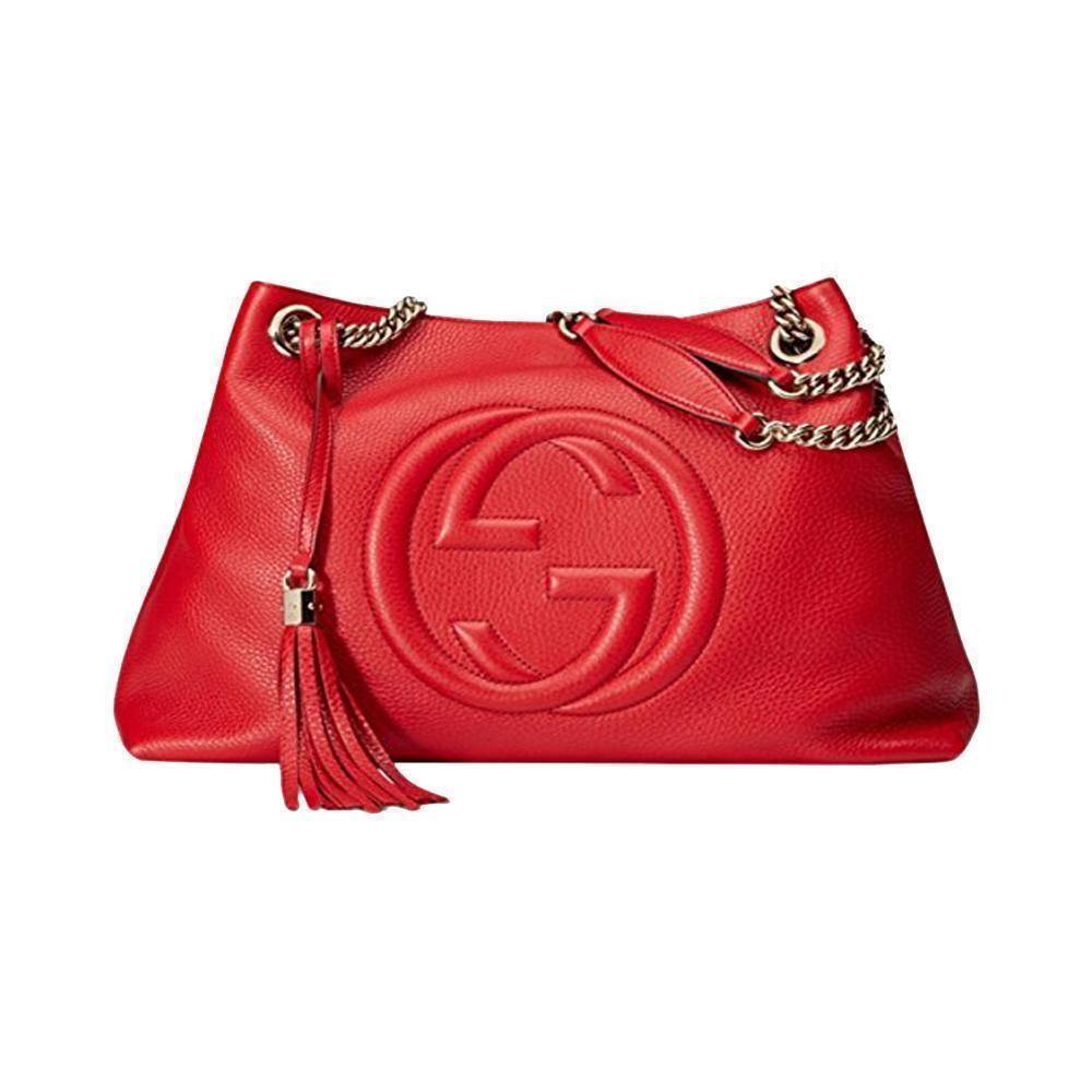 Gucci Soho Red Cellarius GG Logo Leather Chain Tote Bag available at Queen Bee of Beverly Hills