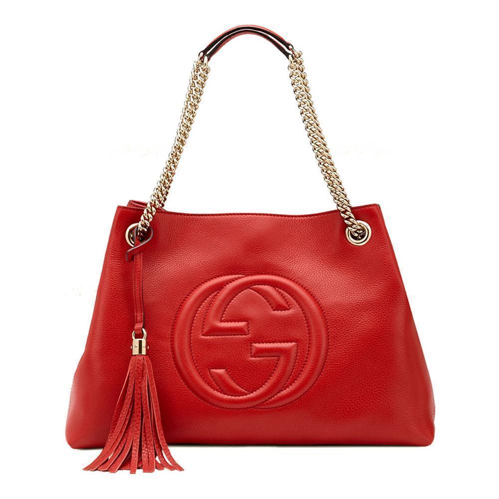 Gucci Soho Red Cellarius GG Logo Leather Chain Tote Bag available at Queen Bee of Beverly Hills
