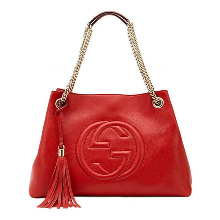 Gucci Soho Red Cellarius GG Logo Leather Chain Tote Bag available at Queen Bee of Beverly Hills