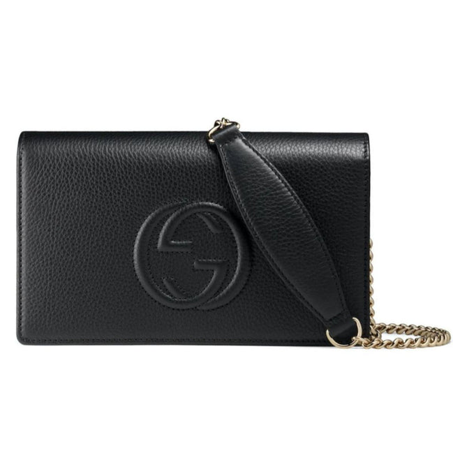 Gucci Soho Wallet on Chain Black Leather Cross Body Clutch Bag available at Queen Bee of Beverly Hills