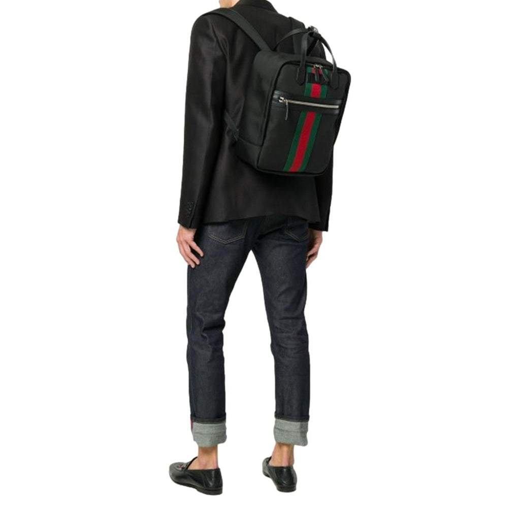 Gucci Black GG Supreme Canvas and Leather Web Backpack Gucci