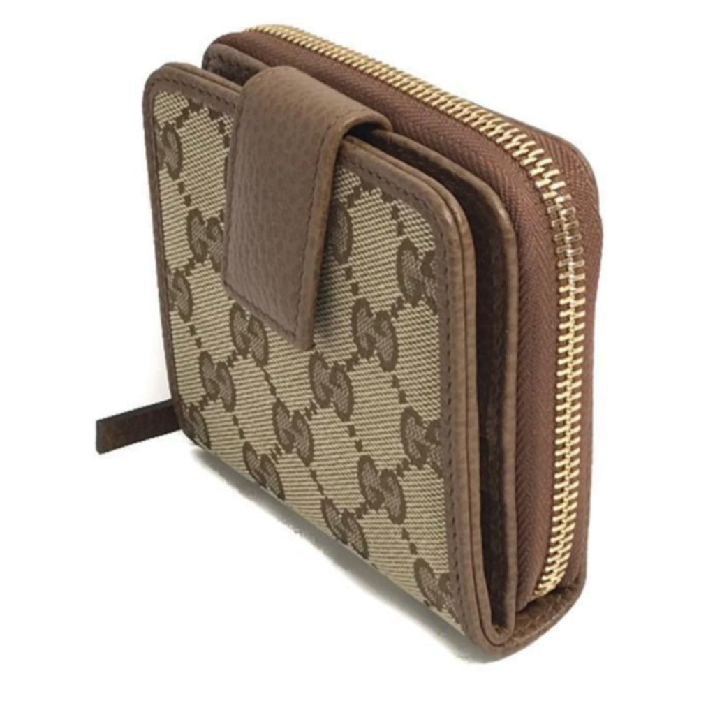 Gucci Women's Beige Original GG Canvas Brown Leather Trim French Flap Wallet at_Queen_Bee_of_Beverly_Hills