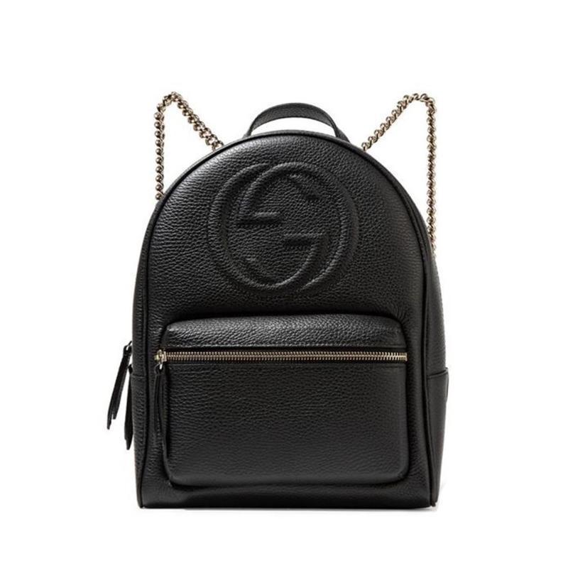 Gucci Women's Black GG Soho Logo Leather Backpack Chain Straps 536192 at_Queen_Bee_of_Beverly_Hills