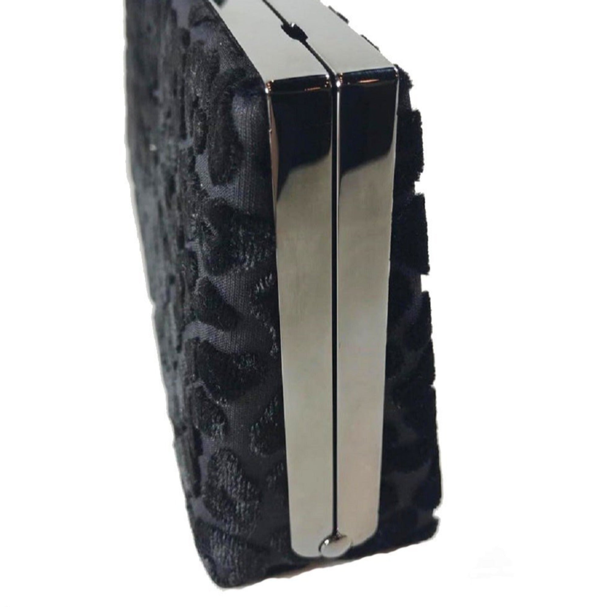 Jimmy Choo Celeste Black Devore Velvet Leopard Clutch Bag available at Queen Bee of Beverly Hills