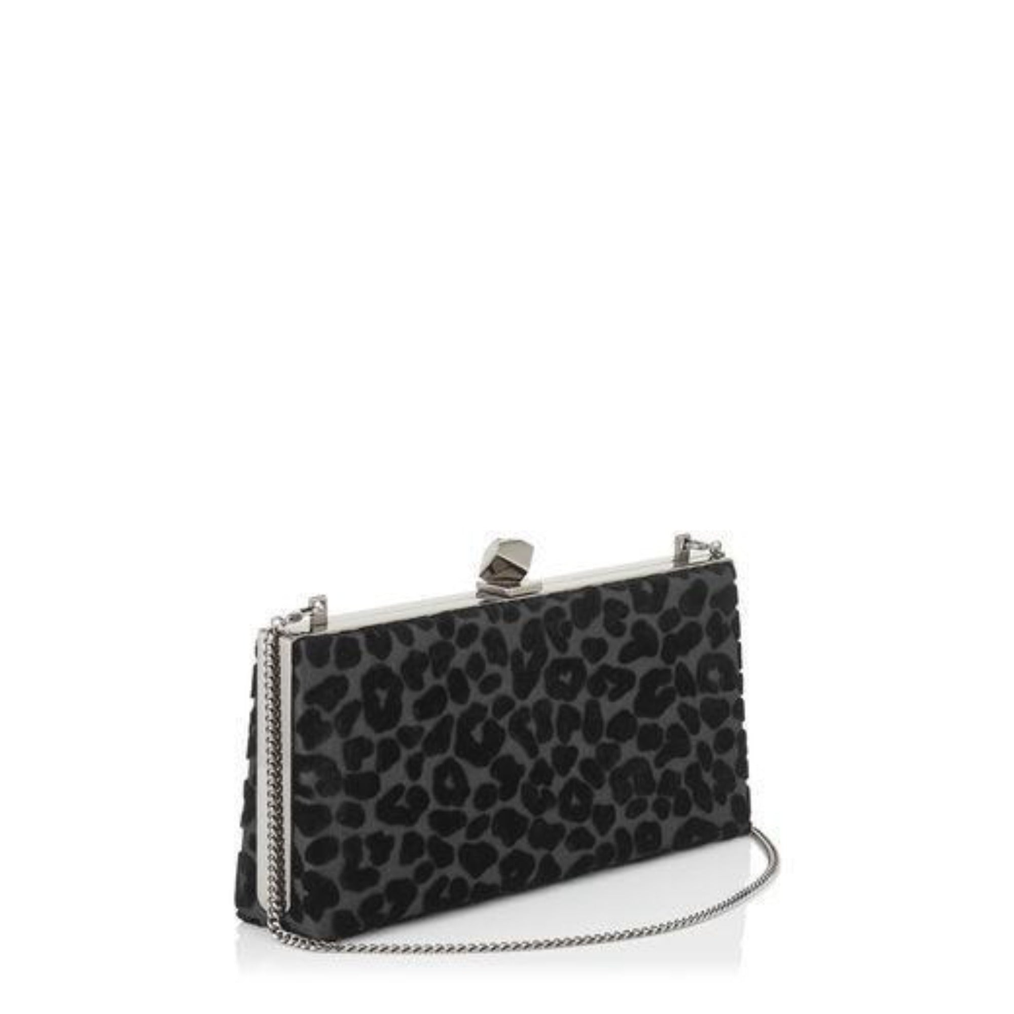 Jimmy Choo Celeste Black Devore Velvet Leopard Clutch Bag available at Queen Bee of Beverly Hills